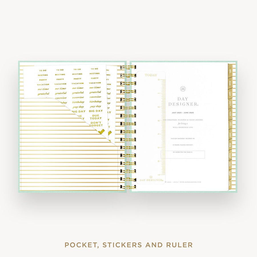 Day Designer 2025-26 mini daily planner: Sage Bookcloth cover with pocket and gold stickers