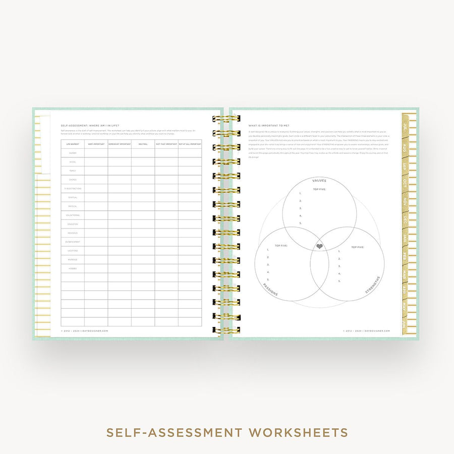 Day Designer 2025-26 mini daily planner: Sage Bookcloth cover with self assessment worksheet