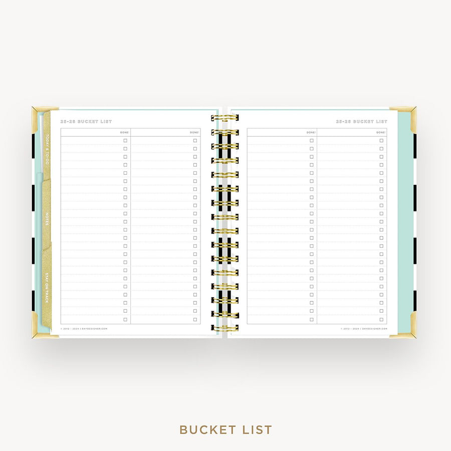 Day Designer 2025-26 mini weekly planner: Black Stripe cover with bucket list