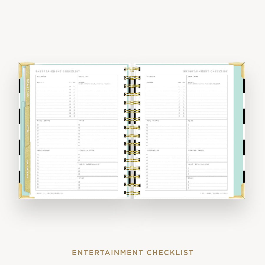 Day Designer 2025-26 mini weekly planner: Black Stripe cover with entertainment party planner