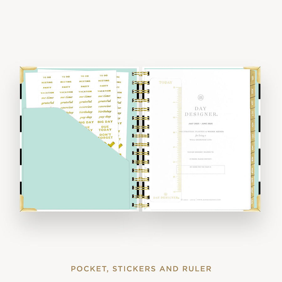 Day Designer 2025-26 mini weekly planner: Black Stripe cover with pocket and gold stickers