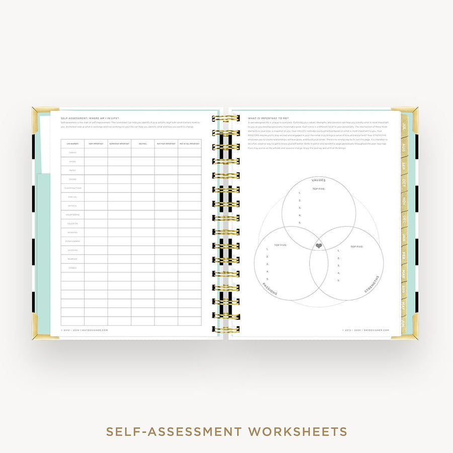 Day Designer 2025-26 mini weekly planner: Black Stripe cover with self assessment worksheet