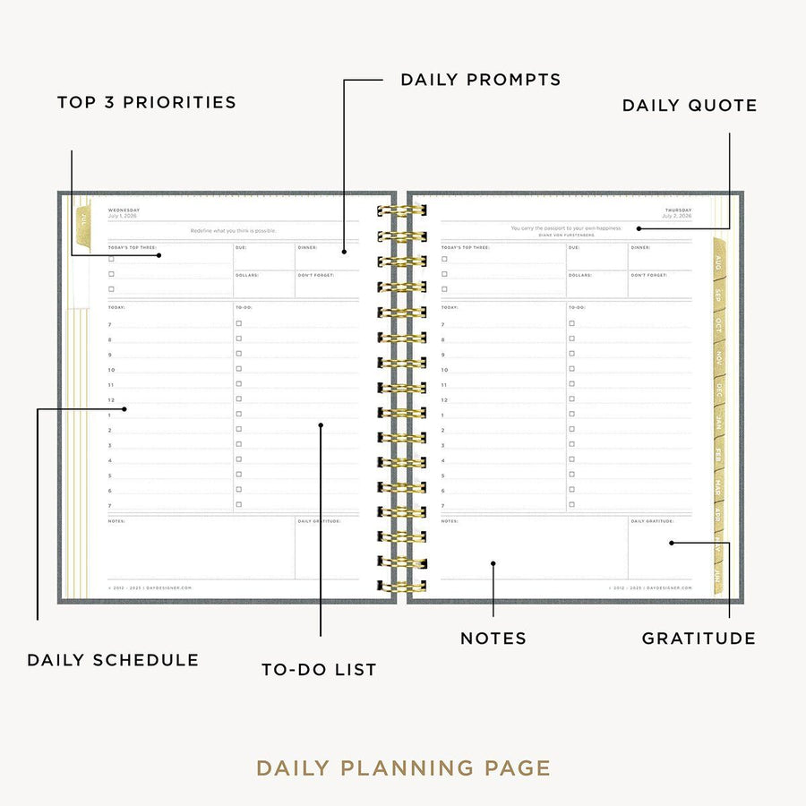 Day Designer 2026-27 mini daily planner: Charcoal Bookcloth opened with captions of contents