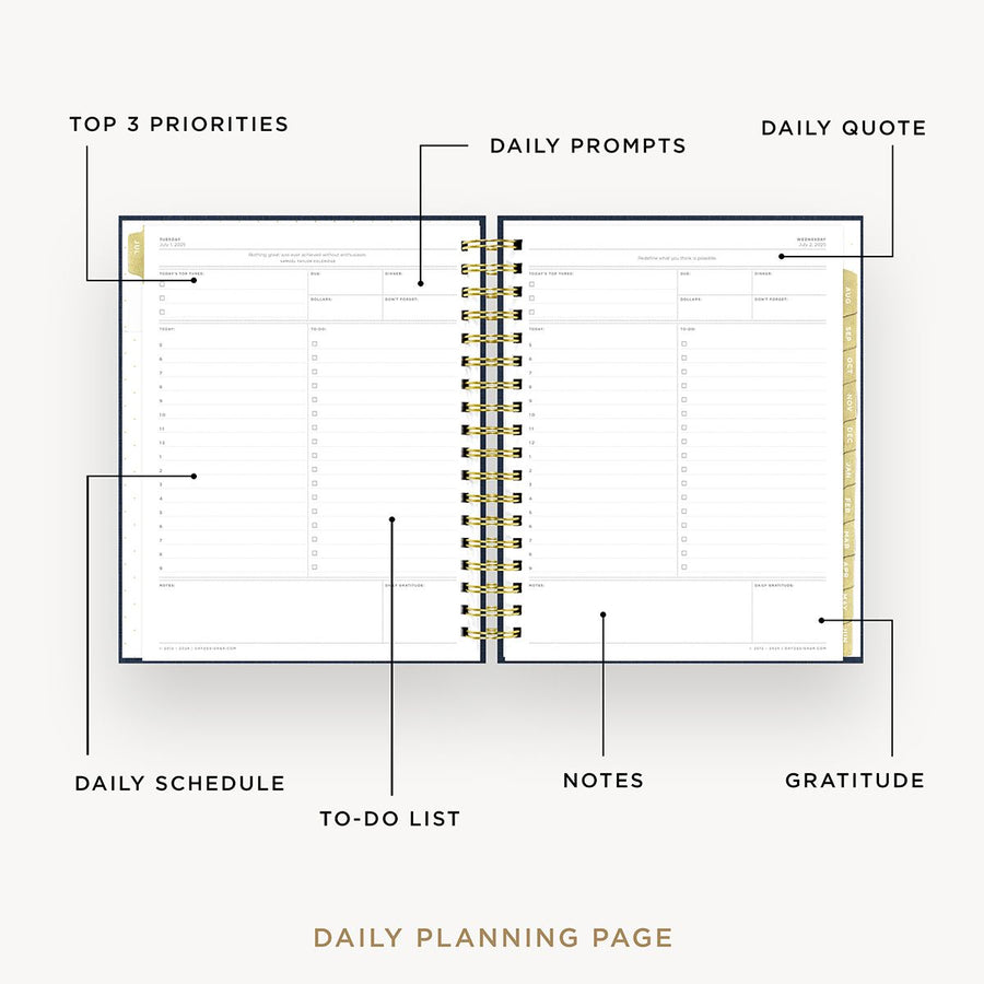 Day Designer 2025-26 daily planner: Navy Bookcloth opened with captions of contents