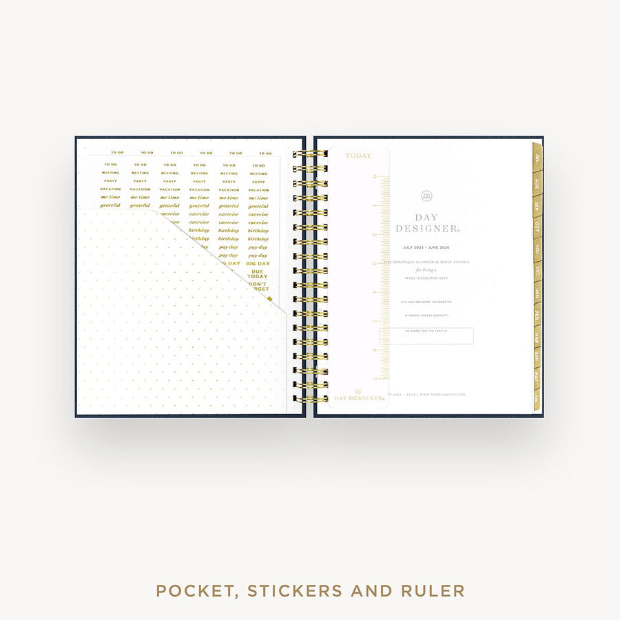 Day Designer 2025-26 daily planner: Navy Bookcloth cover with pocket and gold stickers