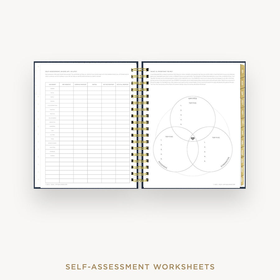 Day Designer 2025-26 daily planner: Navy Bookcloth cover with self assessment worksheet