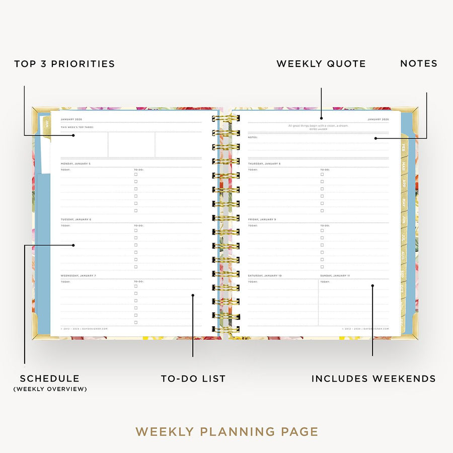 Day Designer 2026 mini weekly planner: oh so lovely opened with captions of contents