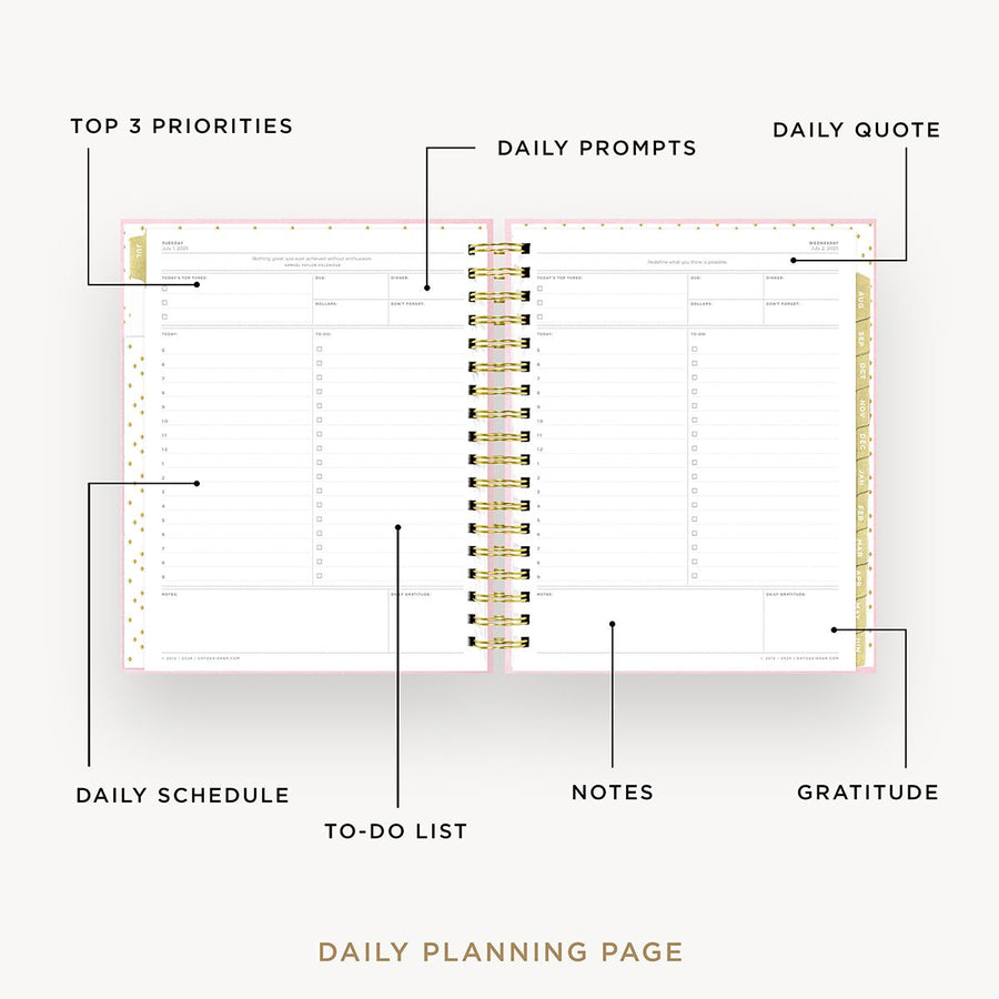 Day Designer 2025-26 daily planner: Peony Bookcloth opened with captions of contents