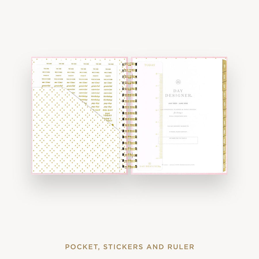 Day Designer 2025-26 daily planner: Peony Bookcloth cover with pocket and gold stickers