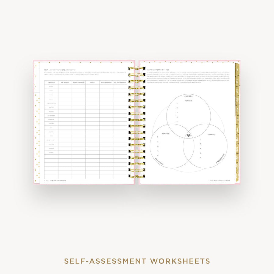 Day Designer 2025-26 daily planner: Peony Bookcloth cover with self assessment worksheet