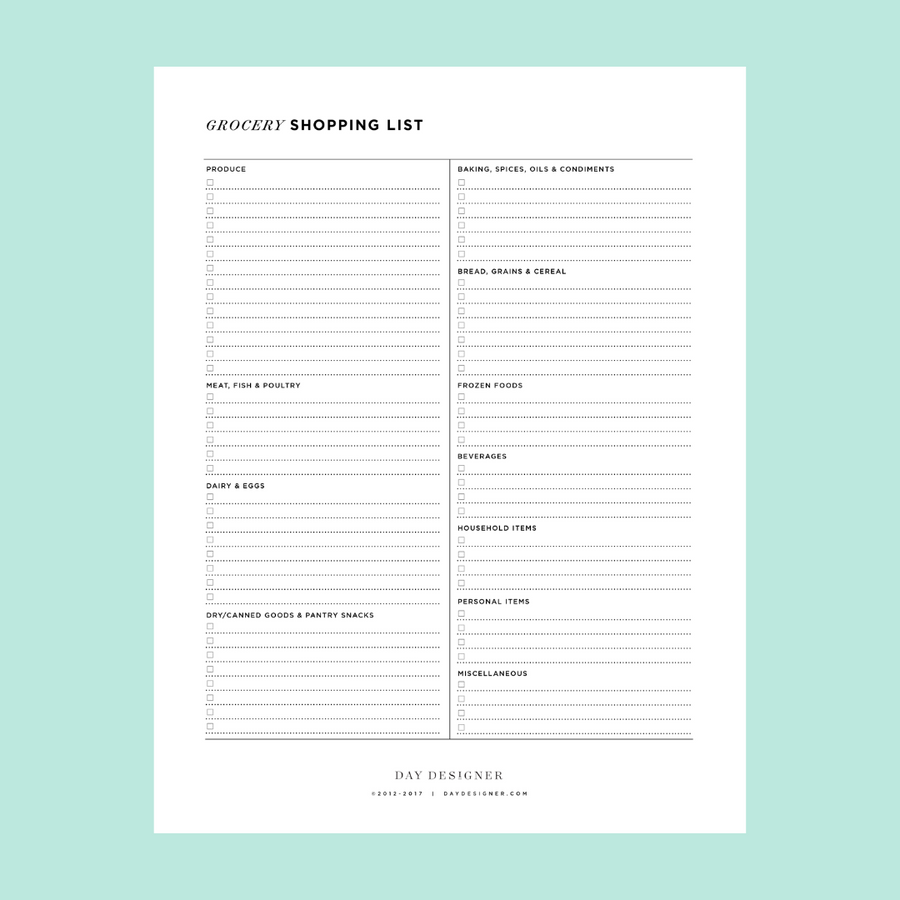 grocery shopping list printable with checkboxes and a mint green background