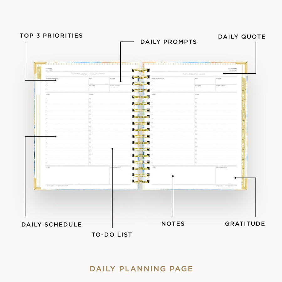 Day Designer 2025-26 daily planner: Sea and Sky opened with captions of contents