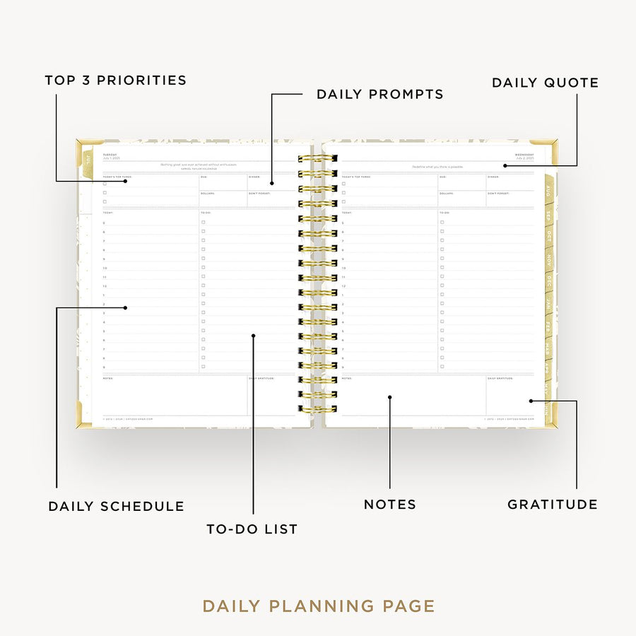 Day Designer 2025-26 daily planner: Silhouette opened with captions of contents