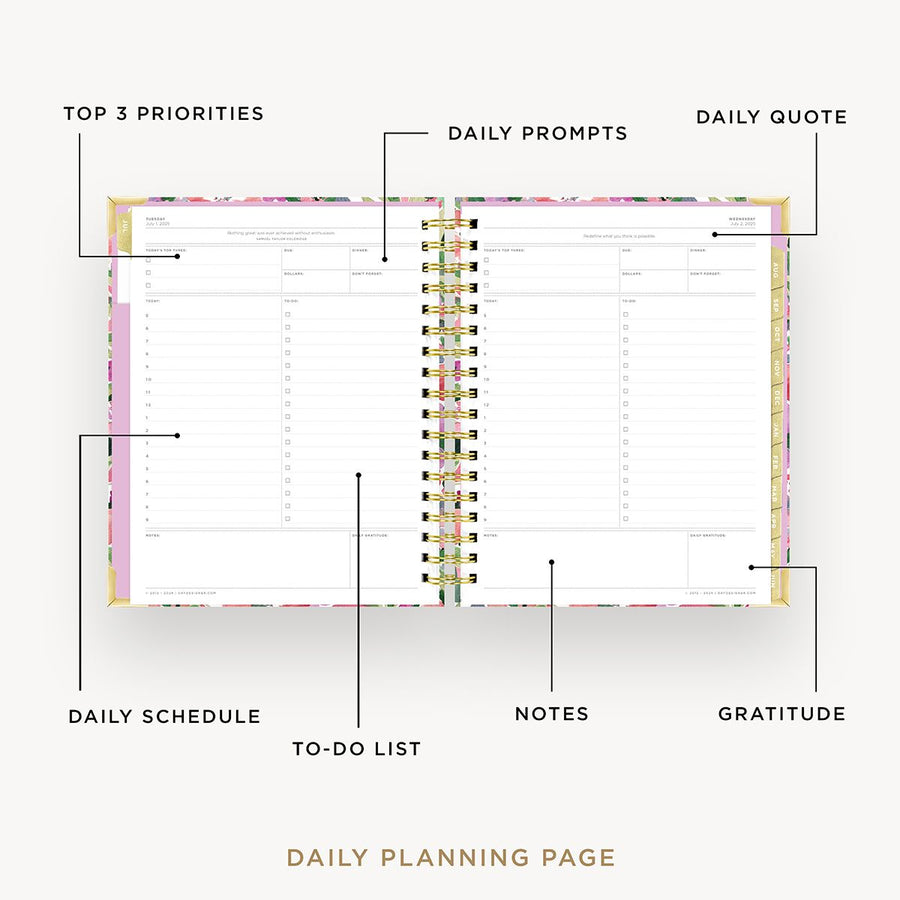 Day Designer 2025-26 daily planner: Ula Bloom opened with captions of contents