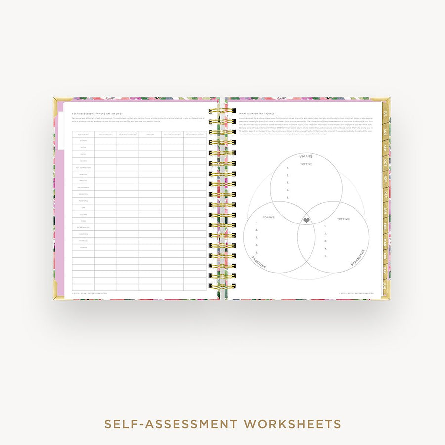 Day Designer 2025-26 daily planner: Ula Bloom cover with self assessment worksheet