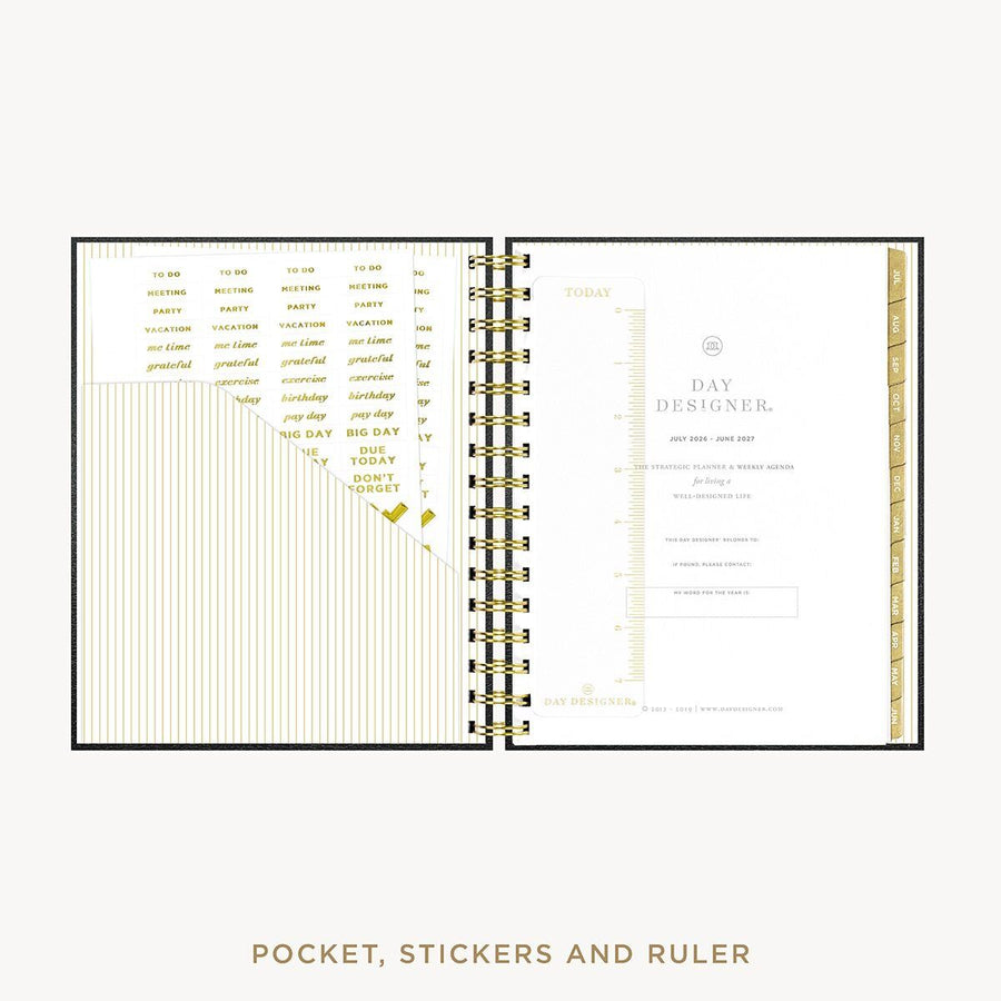Day Designer 2026-27 mini weekly planner: Classic Black Pebble Texture cover with pocket and gold stickers