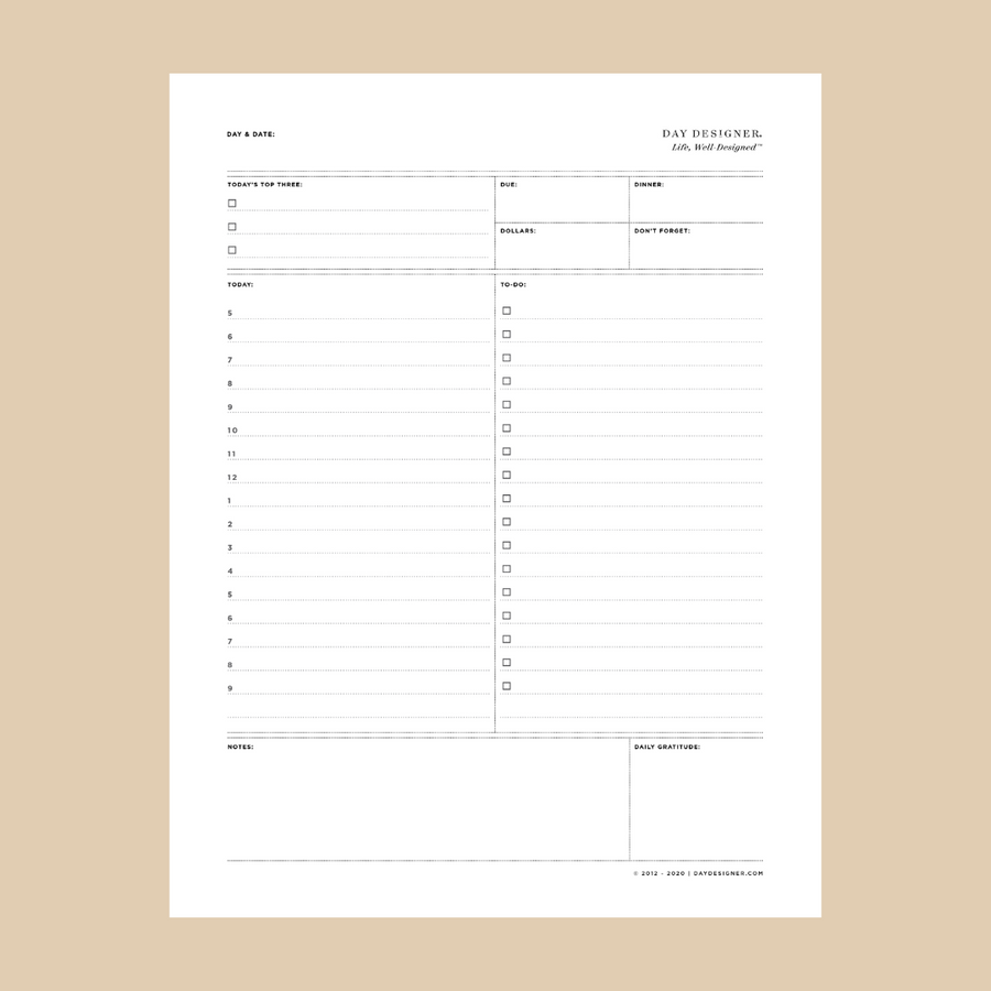 daily planning printable, today's top three, today, to-do, notes, and more on a tan background