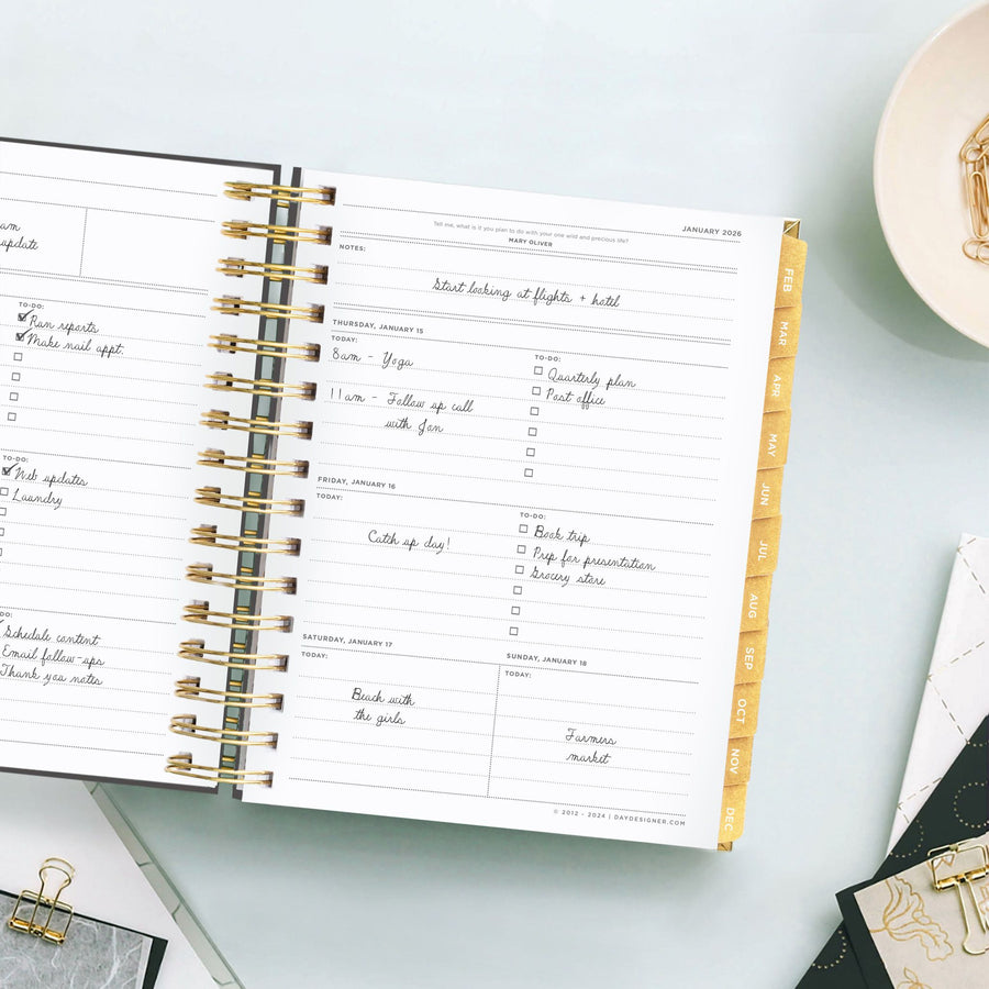 Day Designer 2026 weekly planner: black stripe opened with writing on it