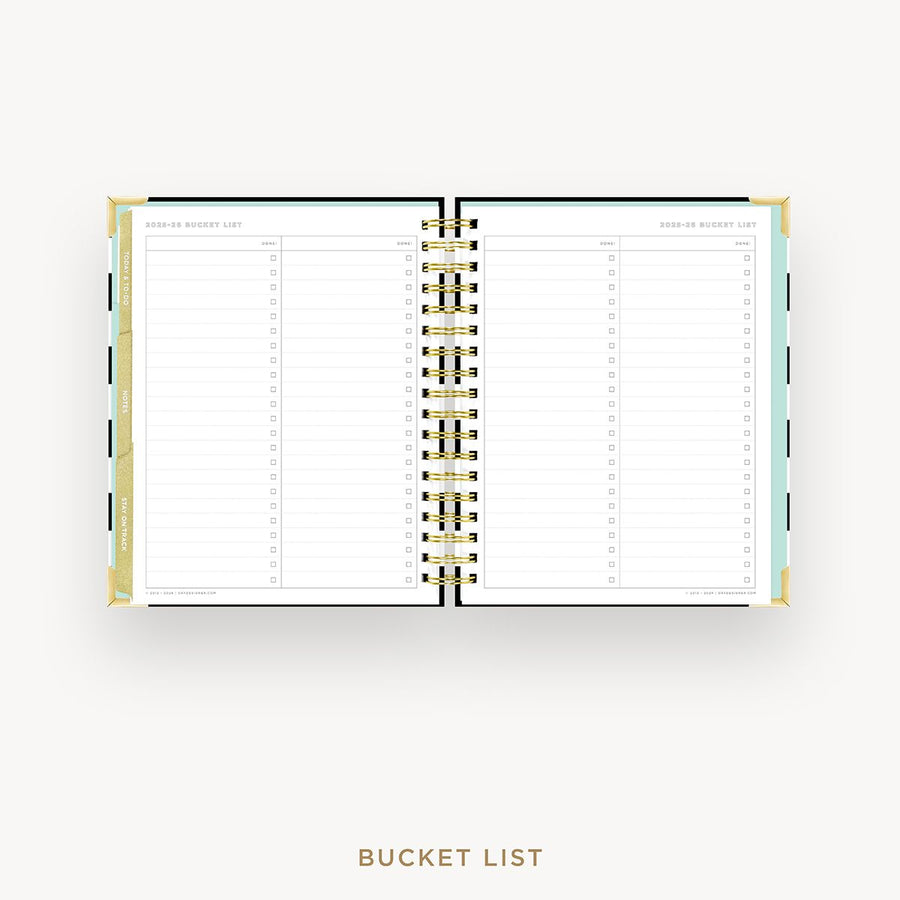 Day Designer 2025-26 weekly planner: Black Stripe cover with bucket list