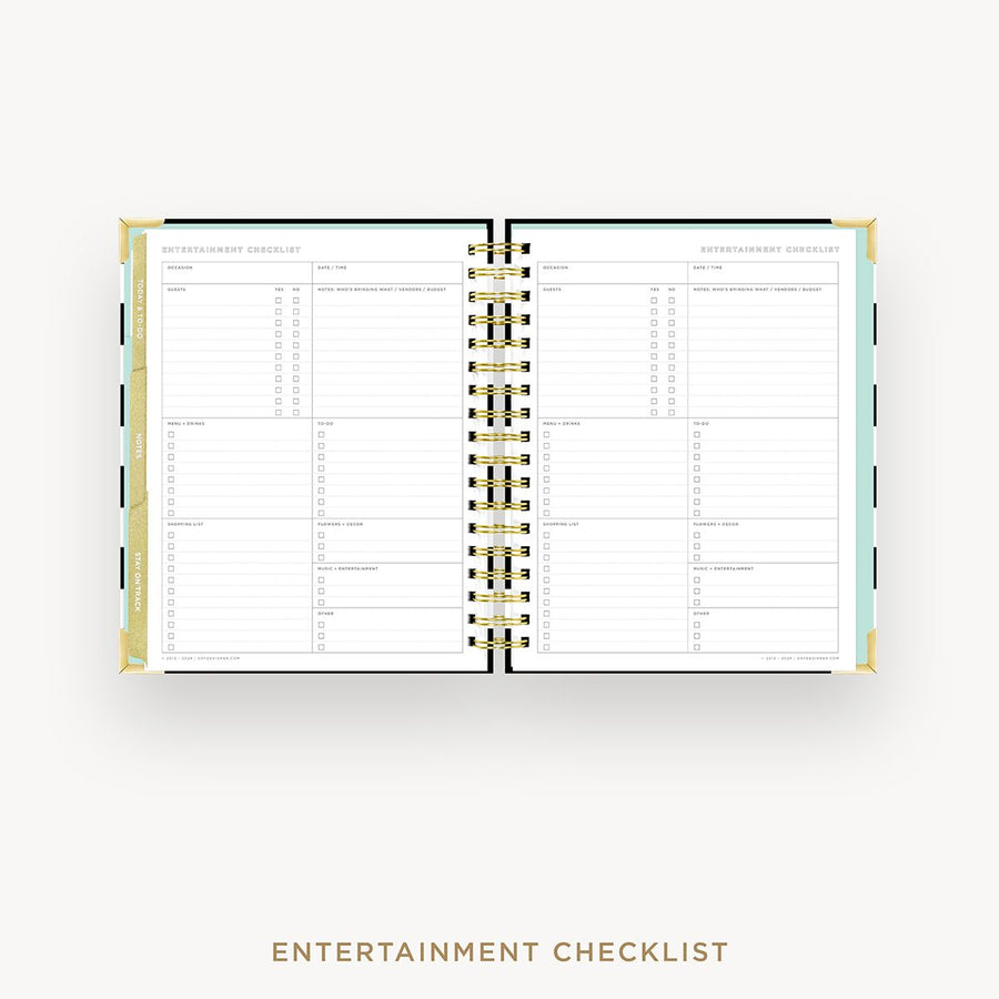 Day Designer 2025-26 weekly planner: Black Stripe cover with entertainment party planner