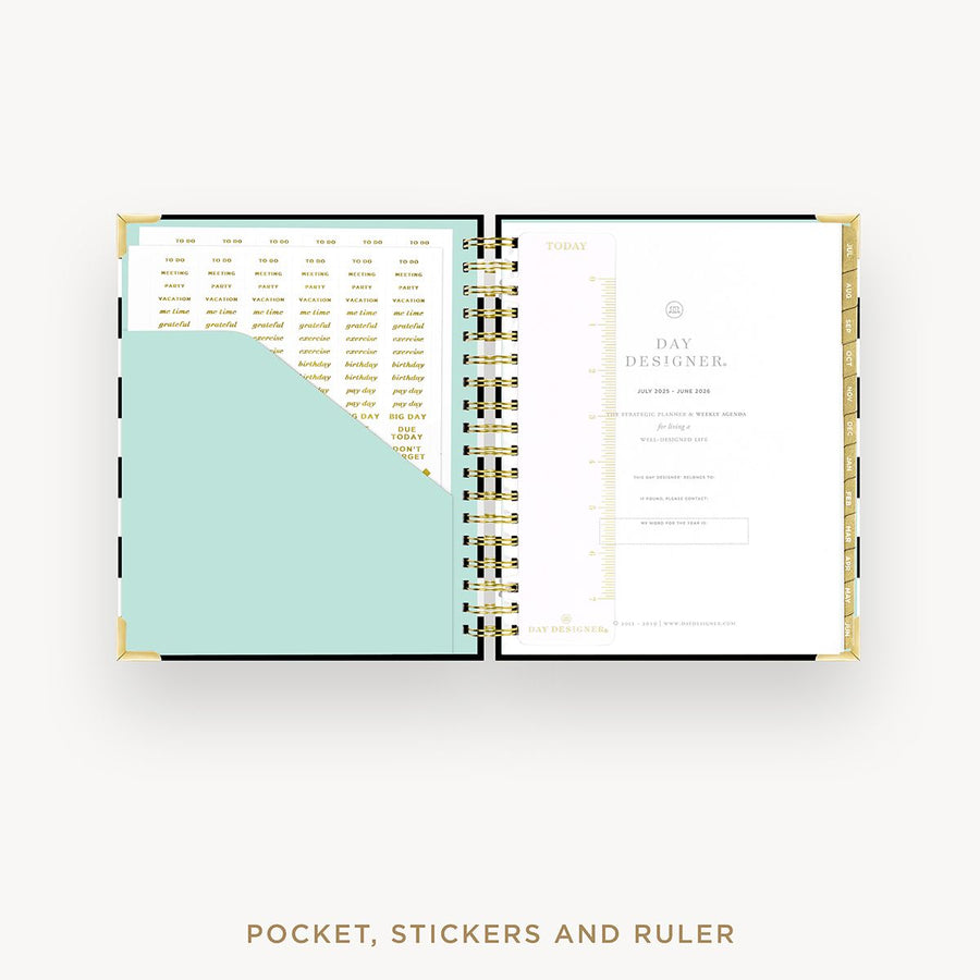 Day Designer 2025-26 weekly planner: Black Stripe cover with pocket and gold stickers