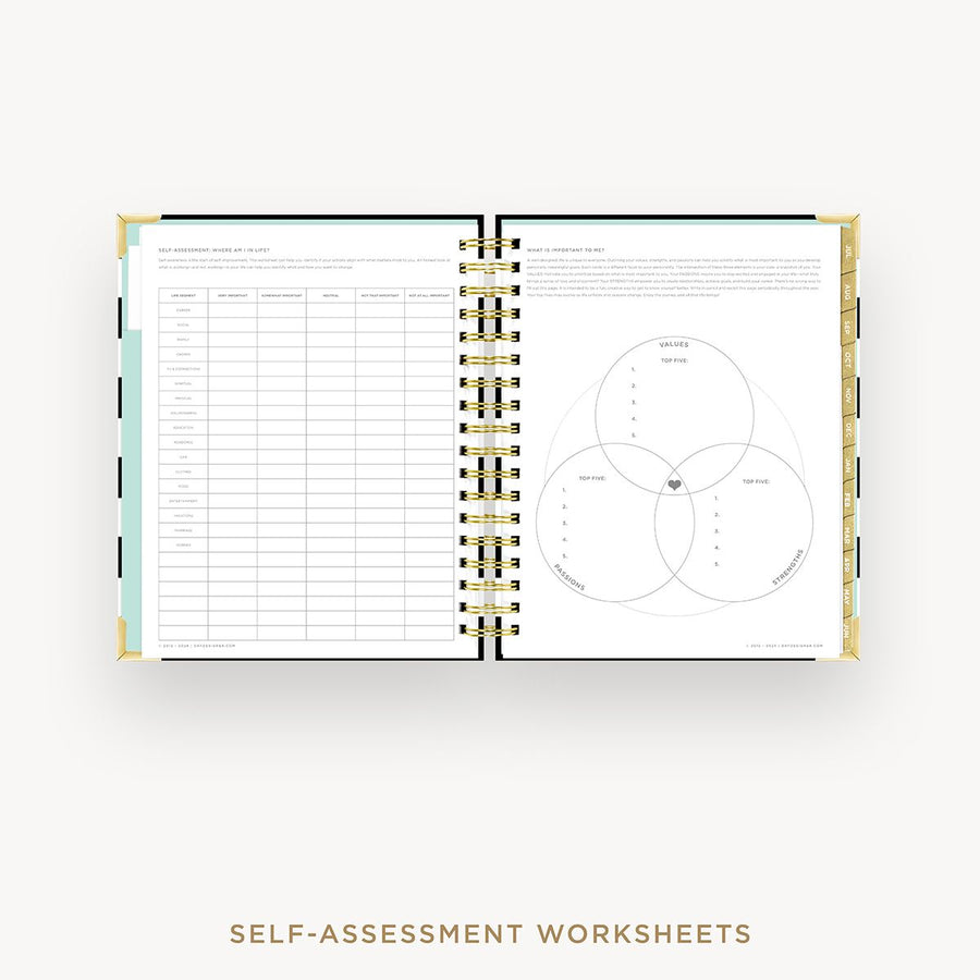 Day Designer 2025-26 weekly planner: Black Stripe cover with self assessment worksheet