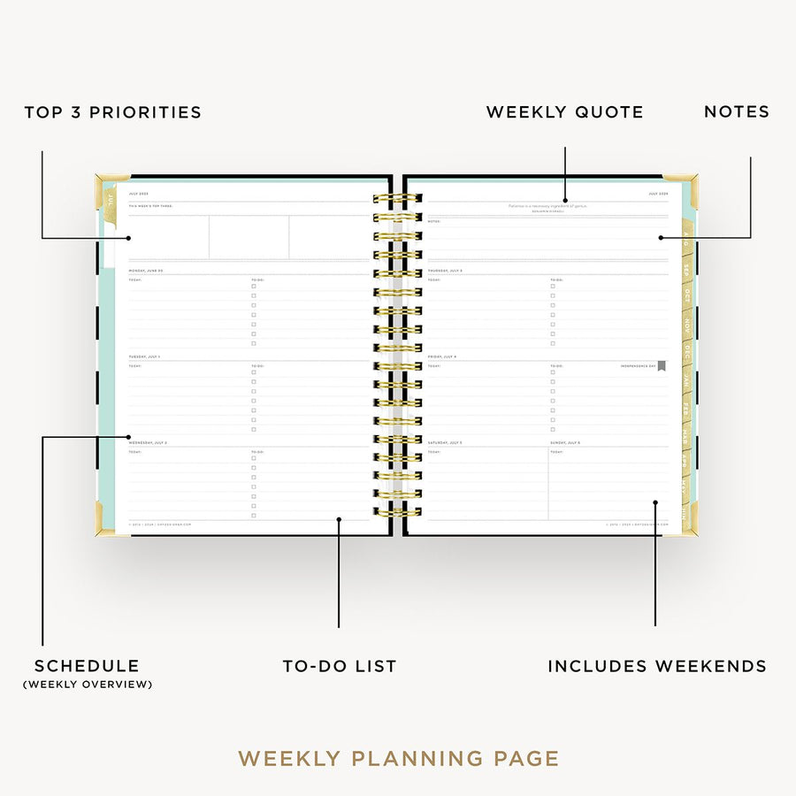 Day Designer 2025-26 weekly planner: Black Stripe opened with captions of contents