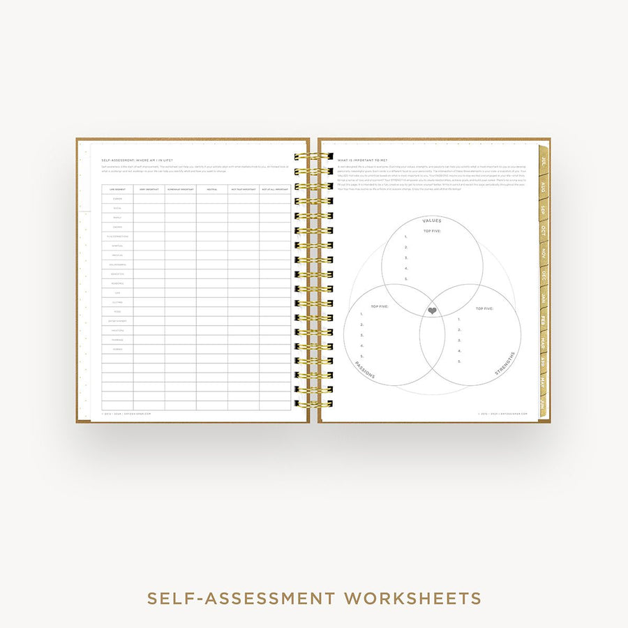 Day Designer 2025-26 weekly planner: Caramel Latte cover with self assessment worksheet