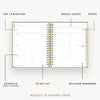 Day Designer 2025-26 weekly planner: Charcoal Bookcloth opened with captions of contents