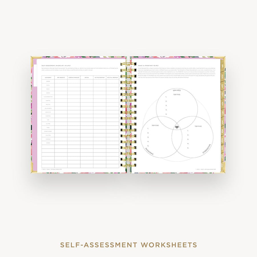 Day Designer 2025-26 weekly planner: Ula Bloom cover with self assessment worksheet