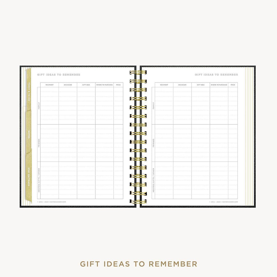 Day Designer 2026-27 mini weekly planner: Classic Black Pebble Texture cover with gift ideas pages