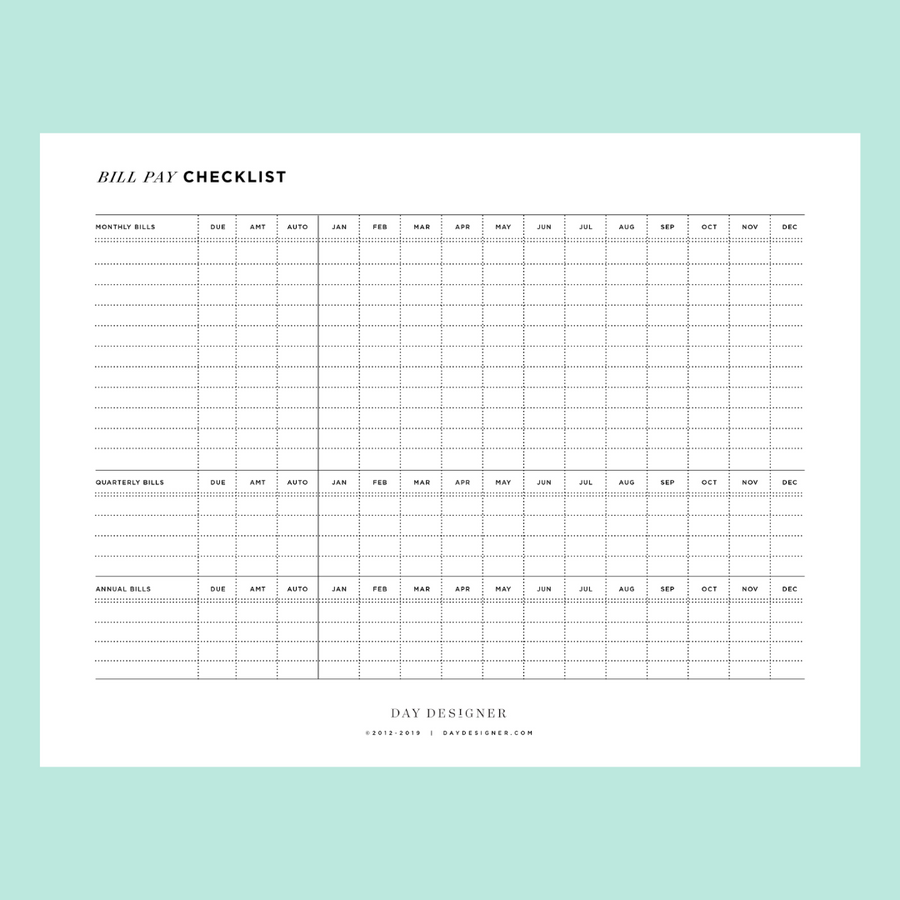 bill pay checklist, monthly, quarterly, and annual bills rows on a mint green background