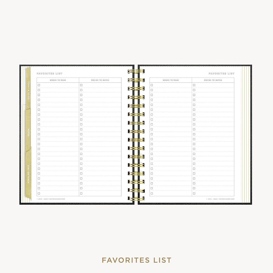 Day Designer 2026-27 mini weekly planner: Classic Black Pebble Texture cover with favorite books and movies pages