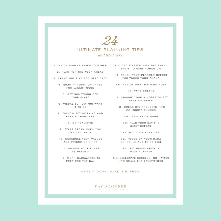 24 ultimate planning tips and life hacks printable on a mint green background