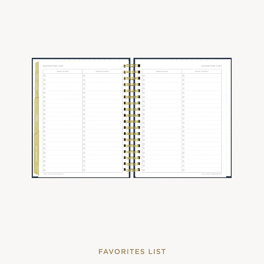 Day Designer 2026-27 weekly planner: Navy Bookcloth cover with favorite books and movies pages