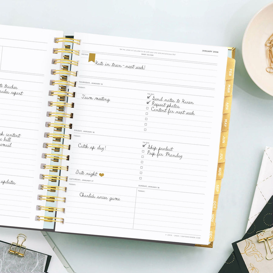 Day Designer 2026 weekly planner: black stripe opened with captions of contents
