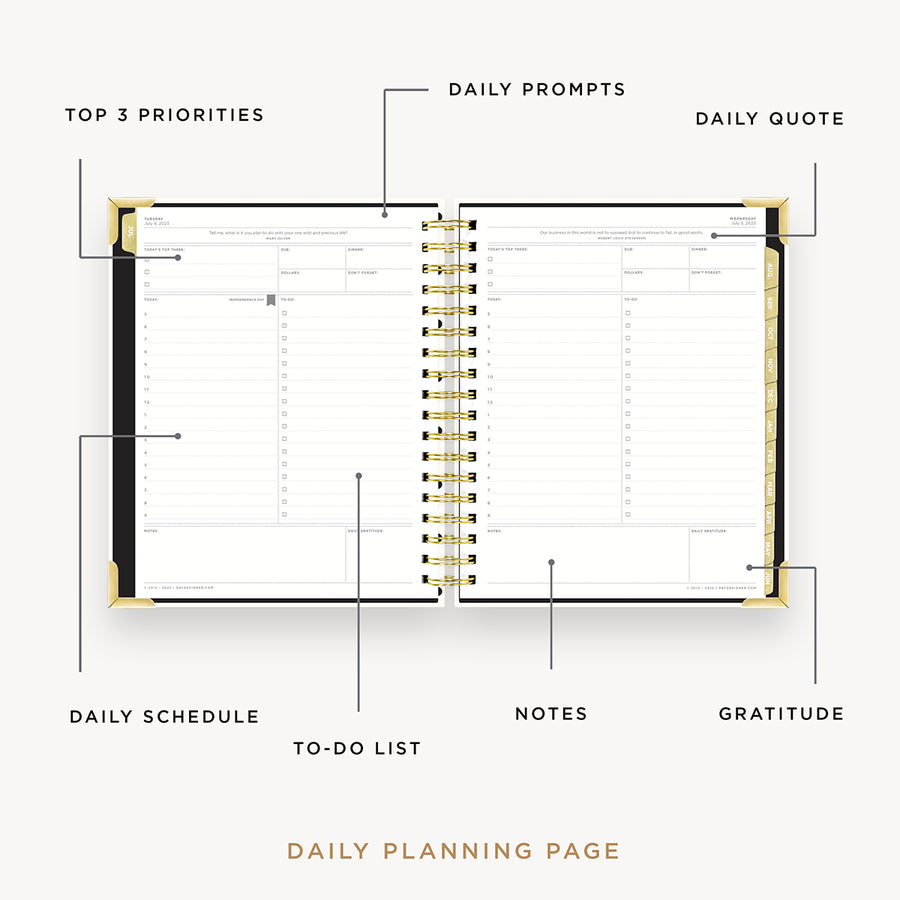Day Designer 2023-24 Daily Planner Classic Dot opened with captions of contents