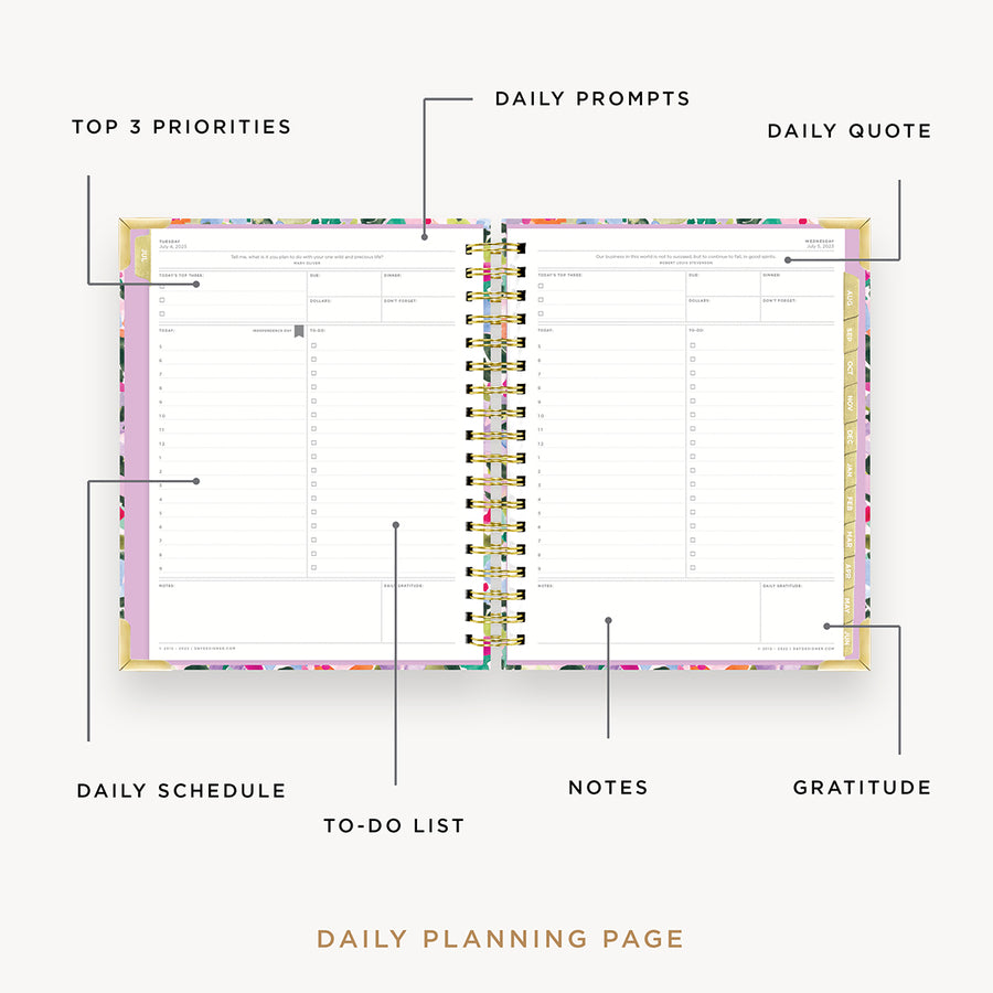 Day Designer 2023-24 Daily Planner Blurred Spring opened with captions of contents