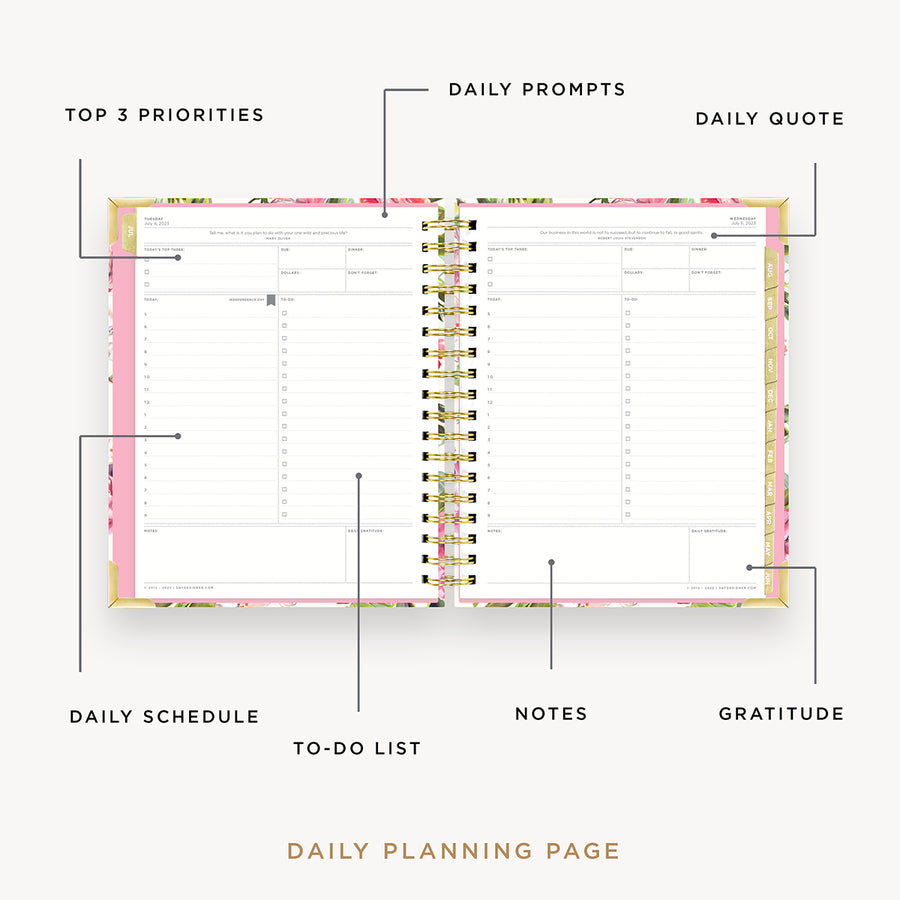 Day Designer 2023-24 Daily Planner London Rose opened with captions of contents