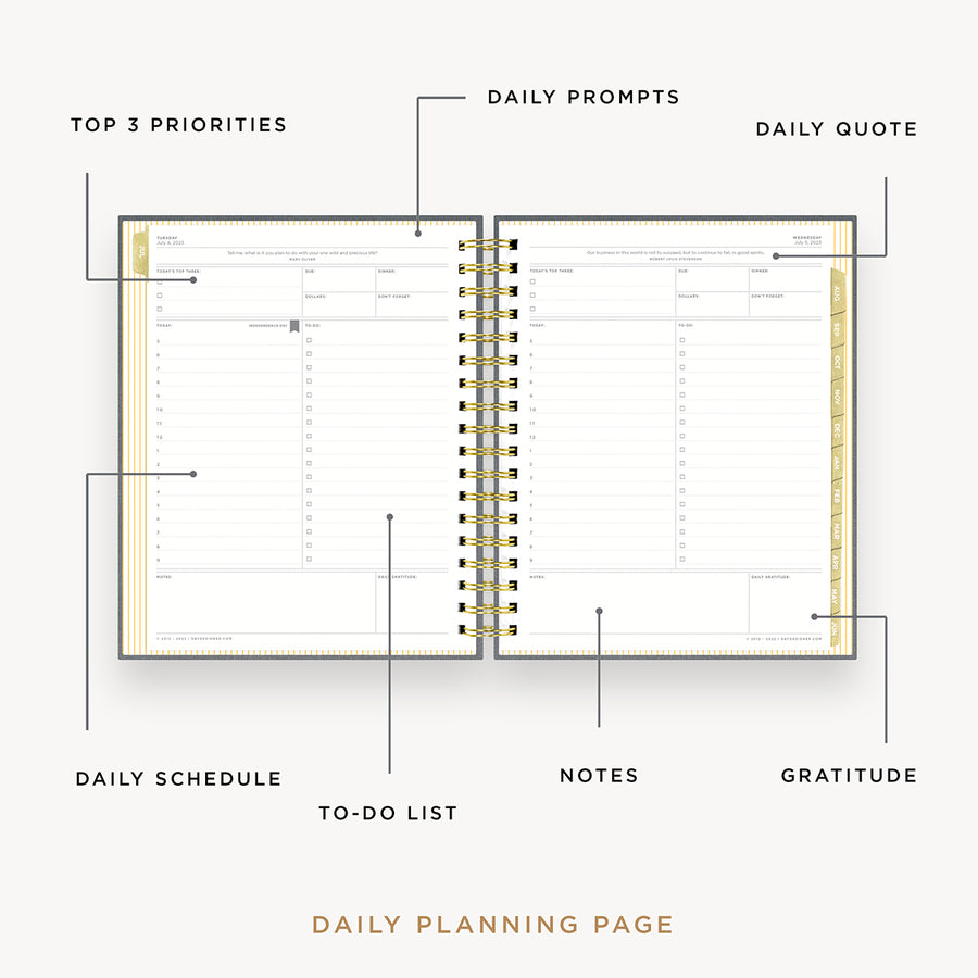 Day Designer 2023-24 Daily Planner Charcoal Bookcloth opened with captions of contents