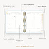 Day Designer 2023-24 Daily Planner Chambray Bookcloth opened with captions of contents