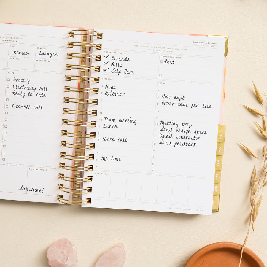 Day Designer 2023-24 Mini Daily Planner Sunset opened with writing on it