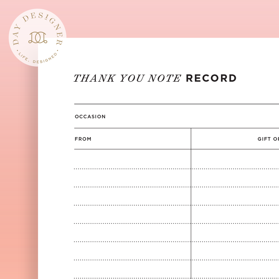 Close up image of thank you note record printable on a pink background