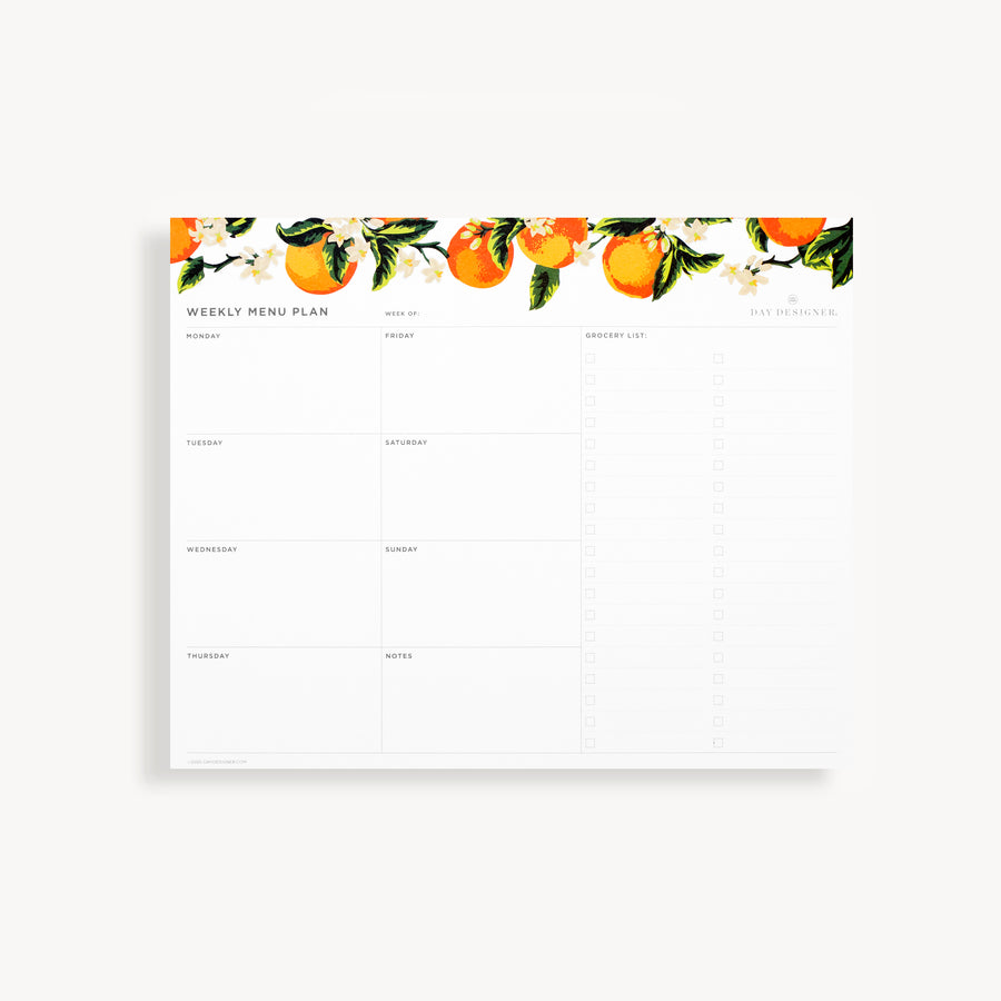 Weekly Menu Planning Pad with grocery list. Orange Blossom design.