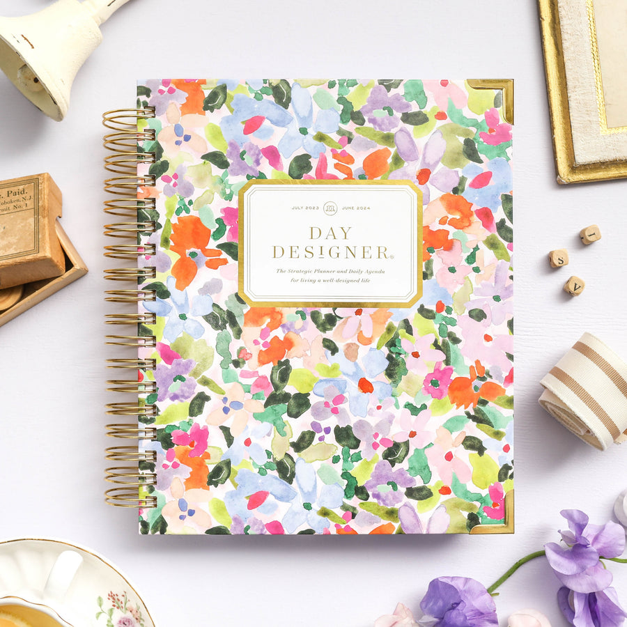 Day Designer 2023-24 Daily Planner Blurred Spring with beautiful cover agenda book.