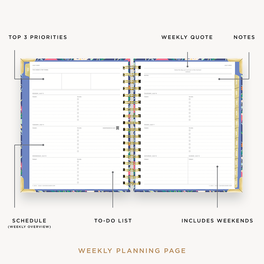 Day Designer 2023-24 Weekly Planner Wildflowers opened with captions of contents