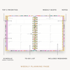 Day Designer 2023-24 Weekly Planner Blurred Spring opened with captions of contents