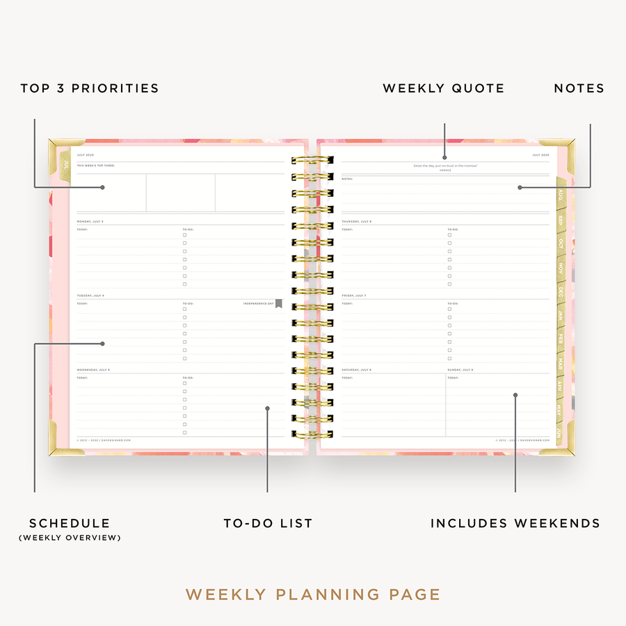 Day Designer 2023-24 Weekly Planner Sunset opened with captions of contents