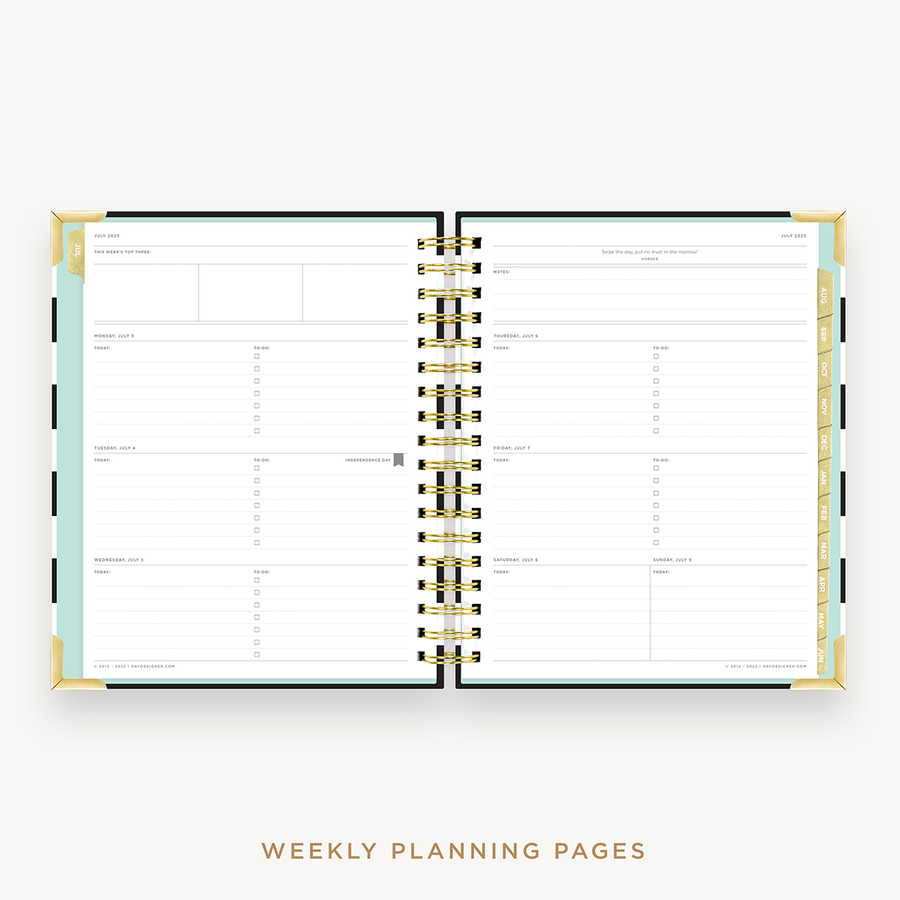 Day Designer's 2023 Weekly Planner Black Stripe with weekly planning page.
