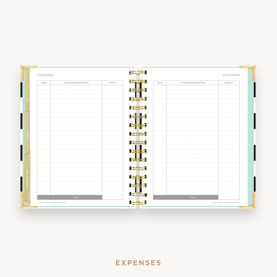 Day Designer's 2023 Weekly Mini Planner Black Stripe with expense tracking page.